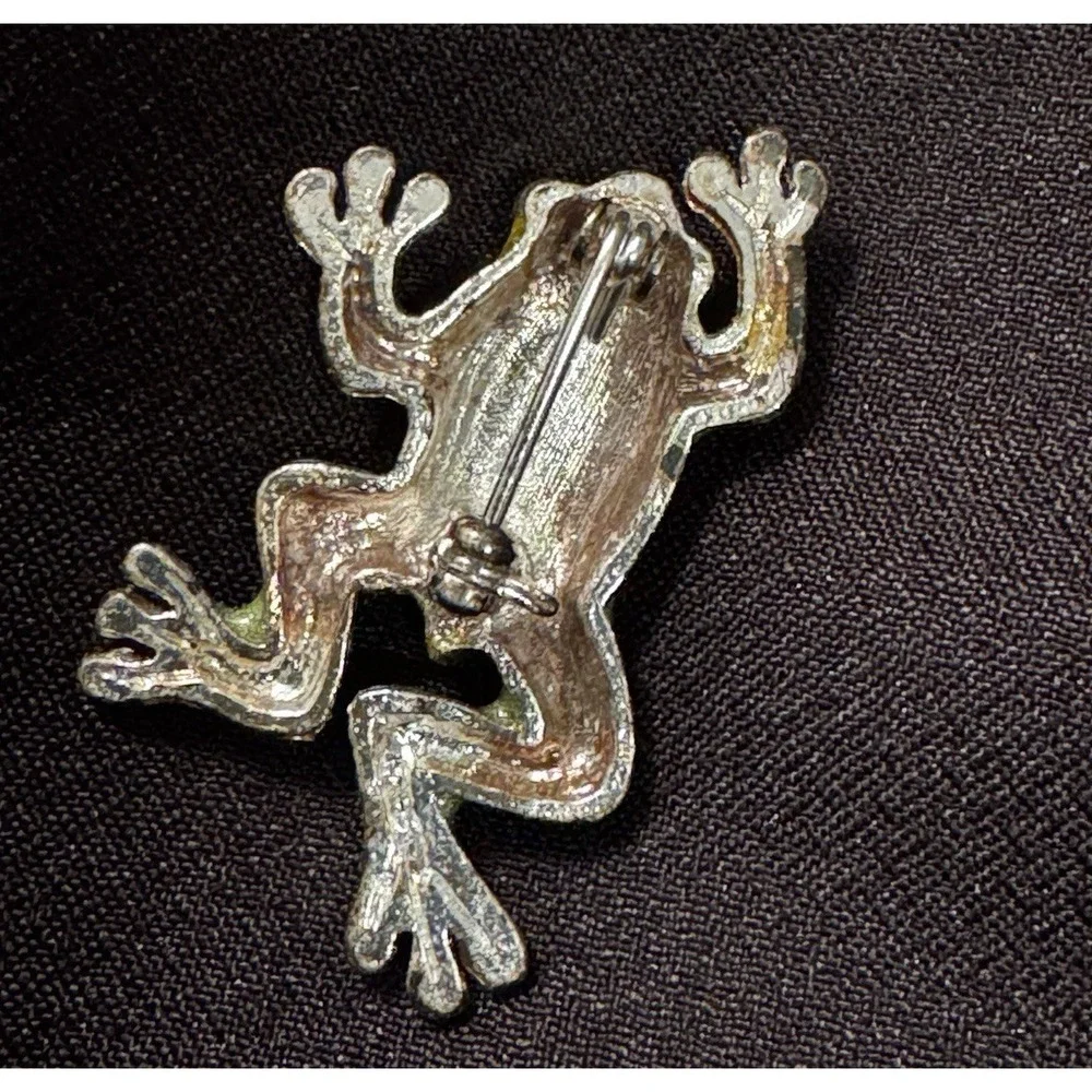 Vintage Style Green Enamel Frog Brooch‎ Black Rhinestone Silver Tone Animal Pin